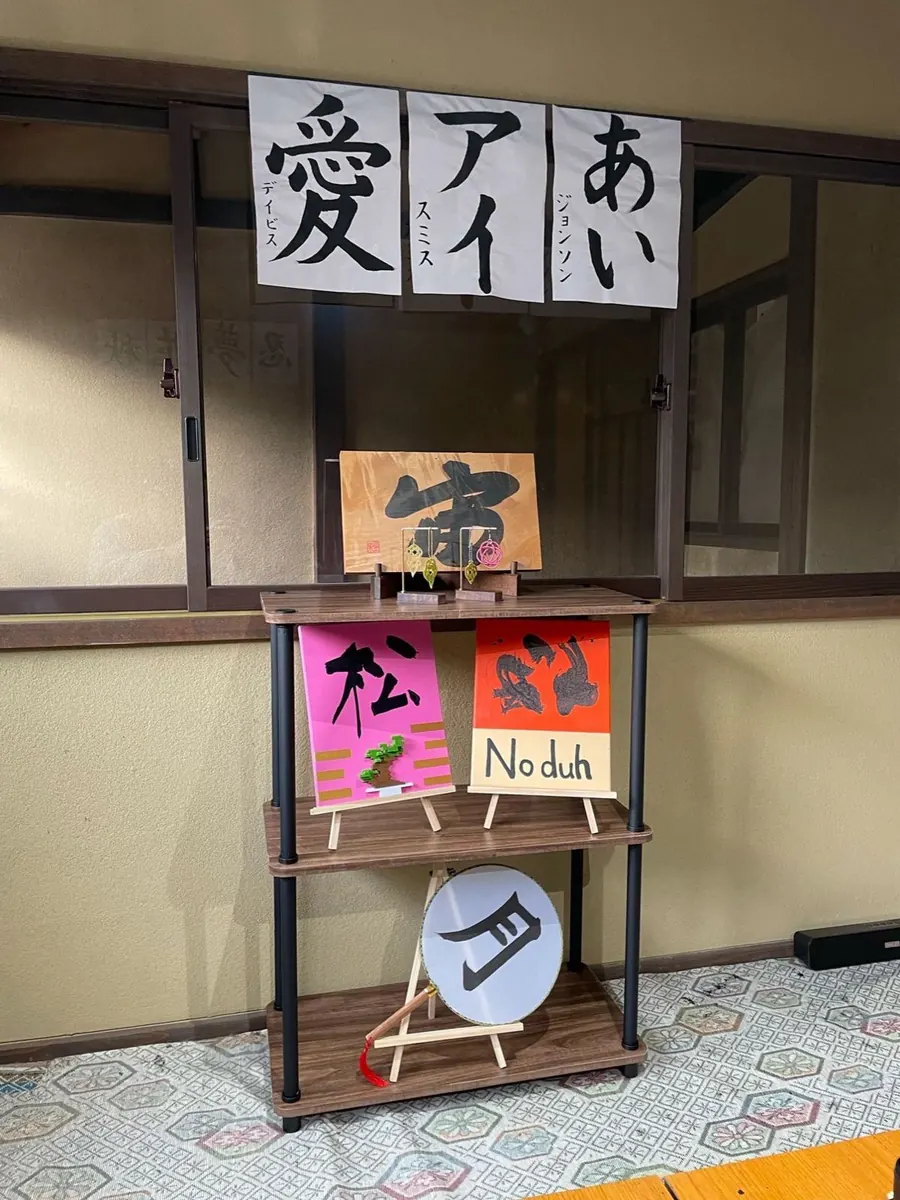 Names written in kanji and katakana, with finished works on a shelf